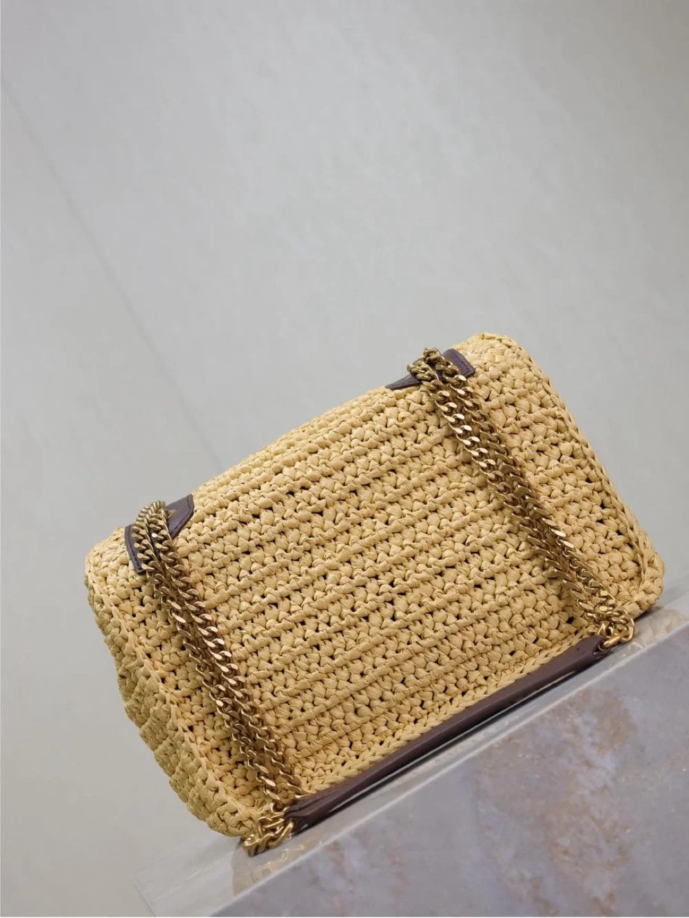Saint Laurent Straw Crochet Shoulder Bag in Natural Beige with Dark Brown Trim